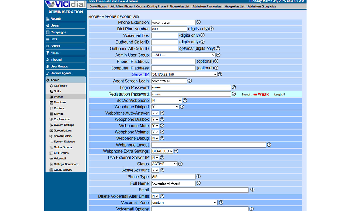 Phone detail page showing voxentra-ai was created successfully